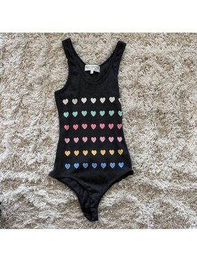 Wildfox Pastel Multi Heart Scoop Neck Ribbed Bodysuit